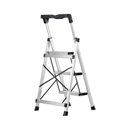 Start2Finish VEVOR 3-step aluminum ladder with wide anti-slip pedals, comfort handgrip, silver finish, suitable for household and workplace use.