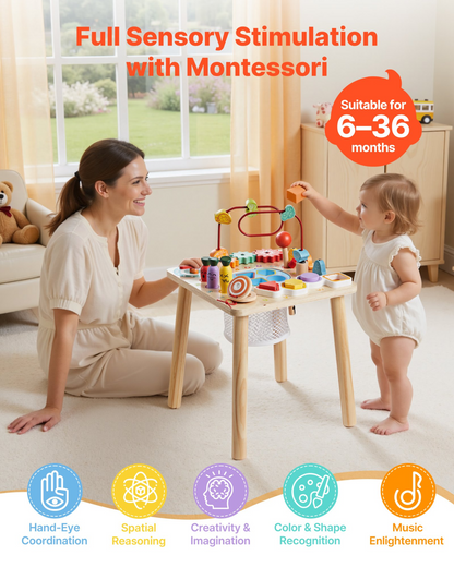 Start2Finish VEVOR Montessori toddler activity table with 8-in-1 wooden design, suitable for children 6 months and older.