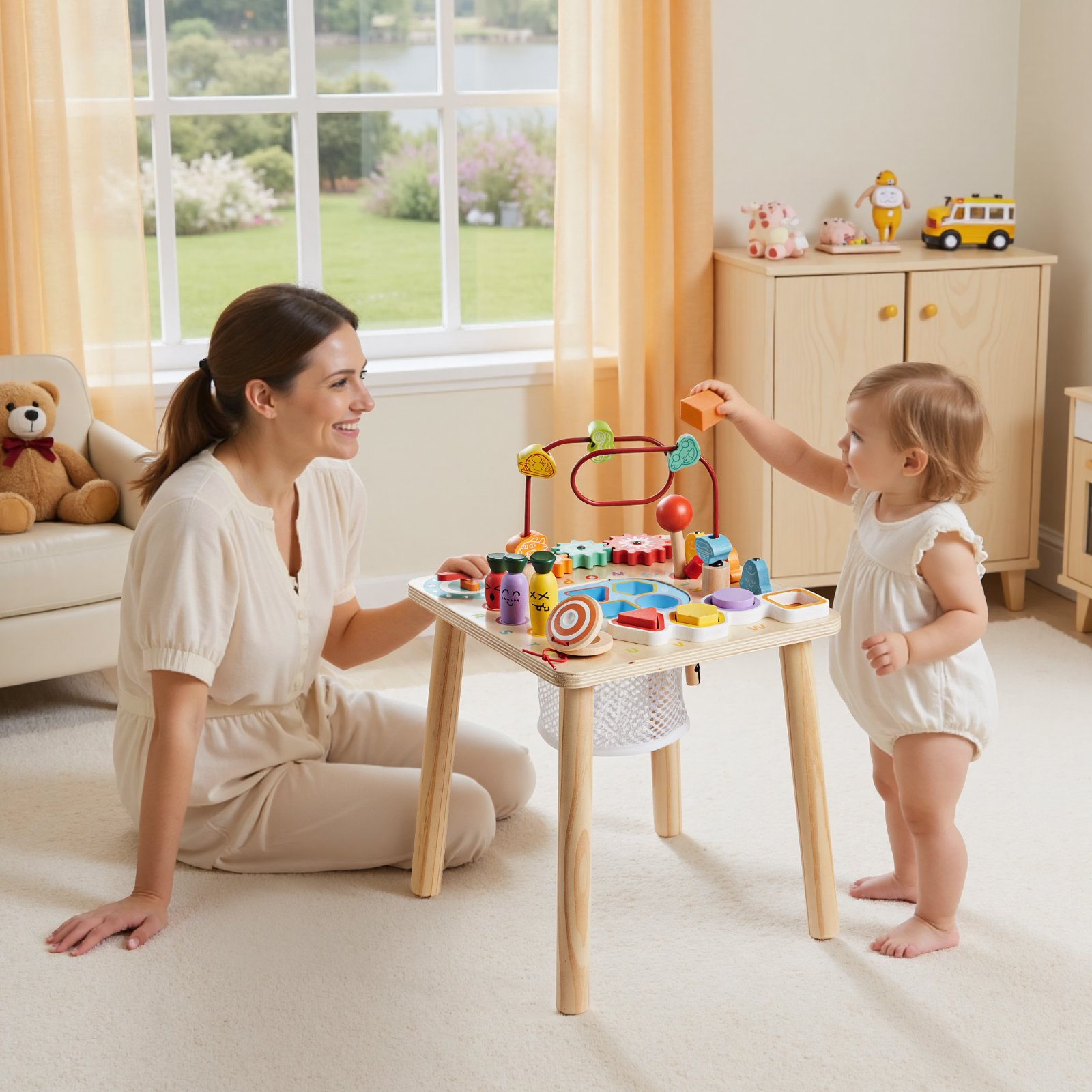 Start2Finish VEVOR Montessori activity table for toddlers, wooden 8-in-1 play desk for children aged 6 months to 3 years.