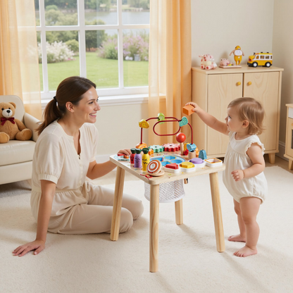 Start2Finish VEVOR Montessori activity table for toddlers, wooden 8-in-1 play desk for children aged 6 months to 3 years.