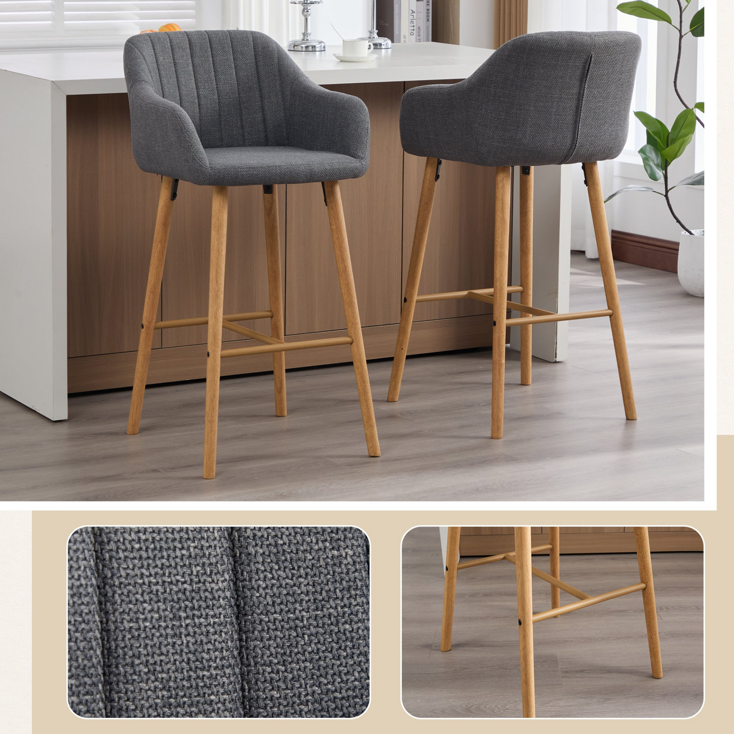 Modern linen upholstered bar stool with back, armrests, footrest, and solid wood legs by Start2Finish