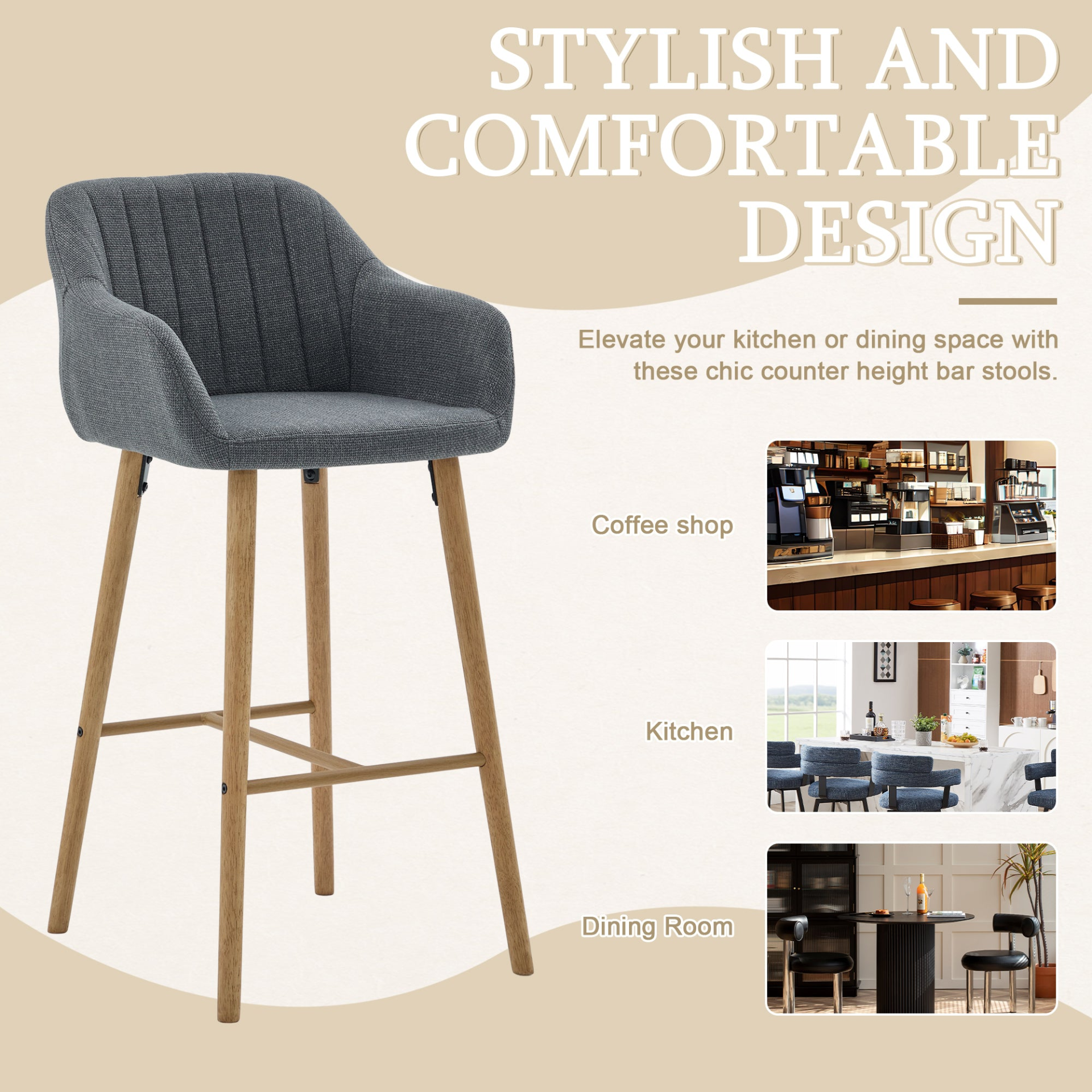 Modern linen upholstered bar stool with backrest, armrests, footrest, and solid wood legs by Start2Finish.