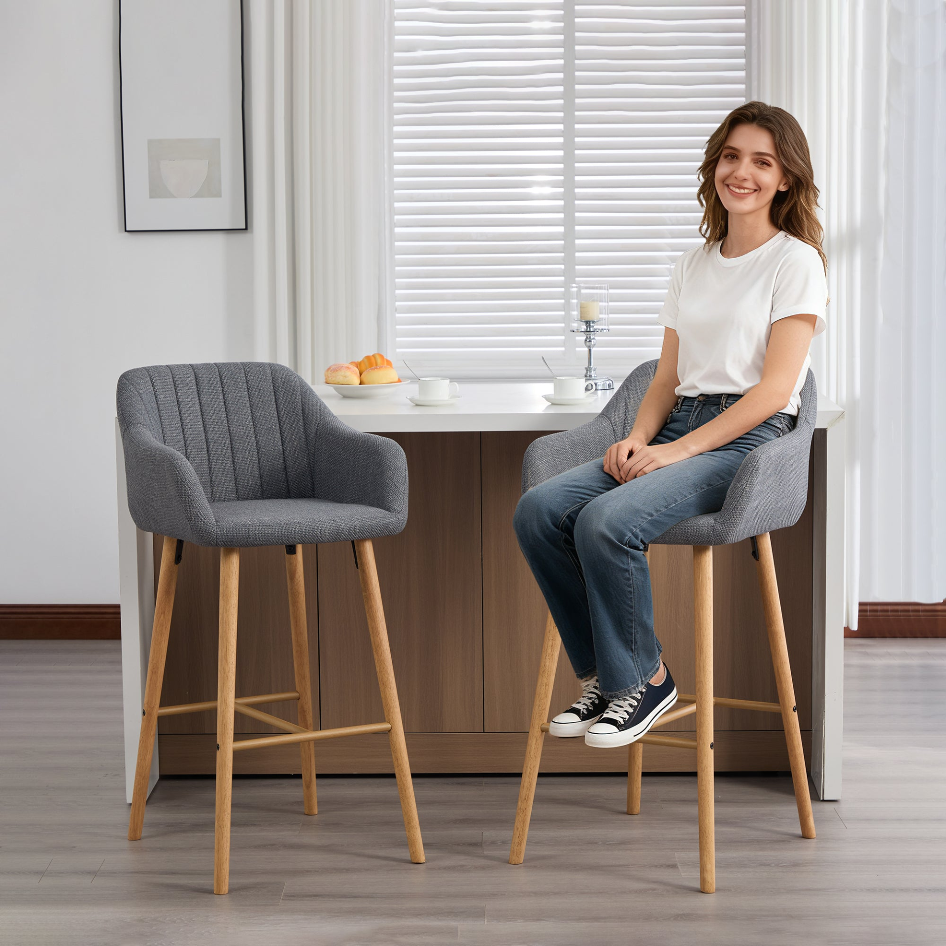 Modern linen upholstered bar stool with backrest, armrests, footrest, and solid wood legs by Start2Finish