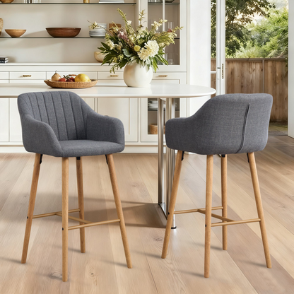 Modern linen upholstered bar stool with back, armrests, footrest, and solid wood legs by Start2Finish