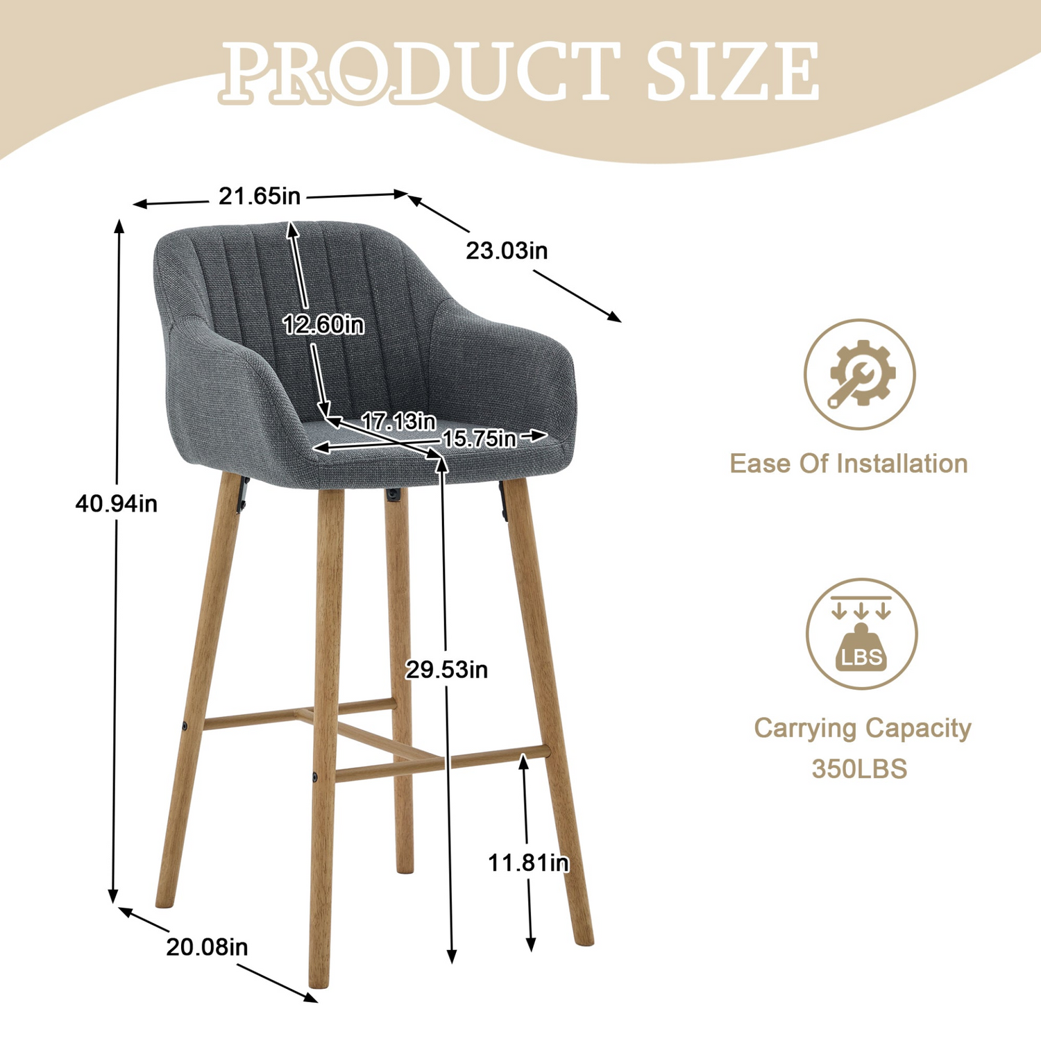 Modern linen upholstered bar stool with back, armrests, footrest, and solid wood legs from Start2Finish.