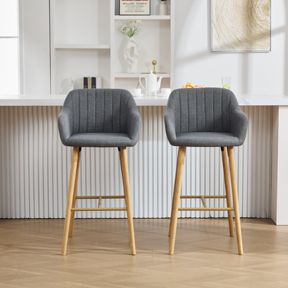 Modern linen upholstered bar stool with back, armrests, footrest, and solid wood legs by Start2Finish