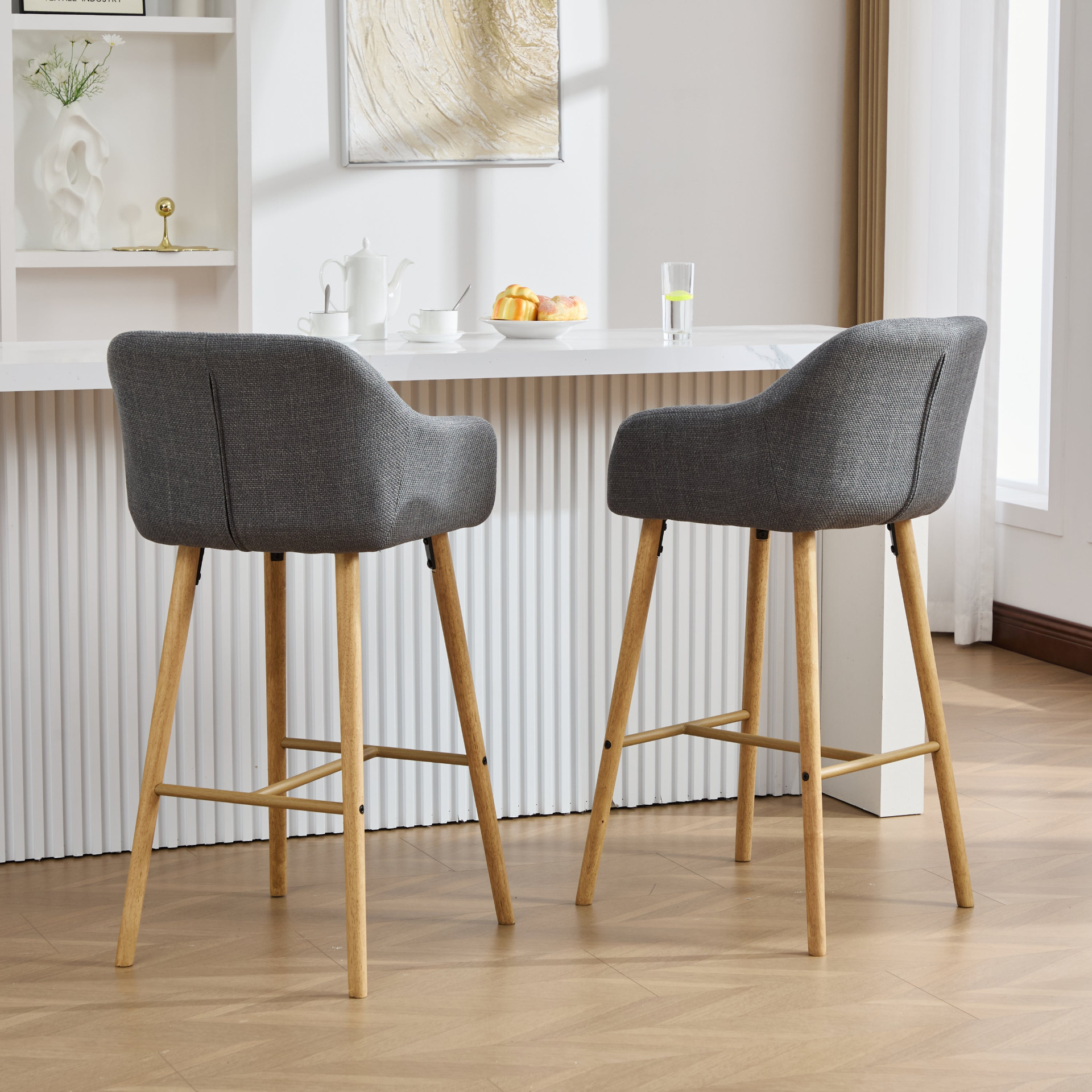Modern linen upholstered bar stool with back, armrests, footrest, and solid wood legs by Start2Finish