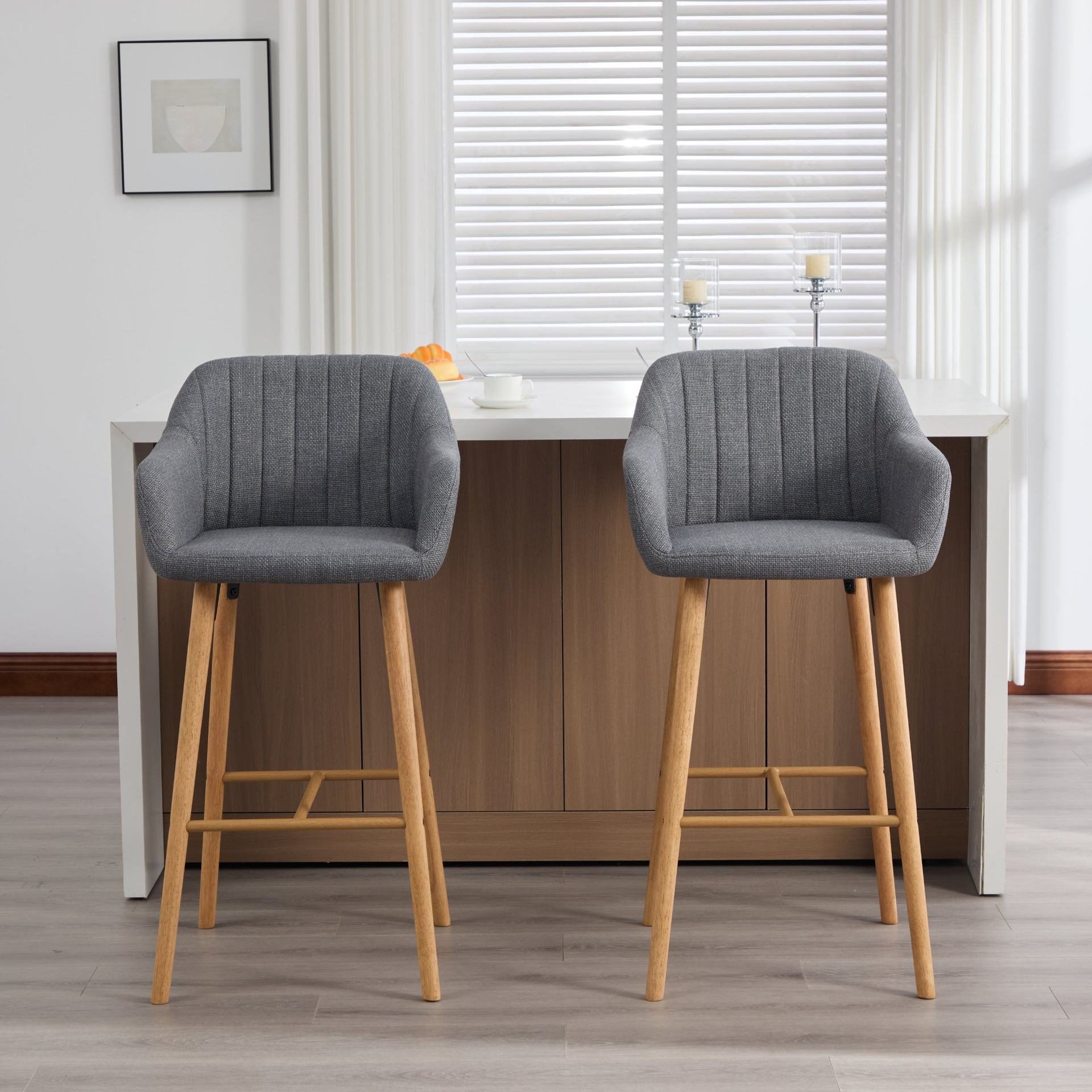 Modern linen upholstered bar stool with back, armrests, footrest, and solid wood legs by Start2Finish