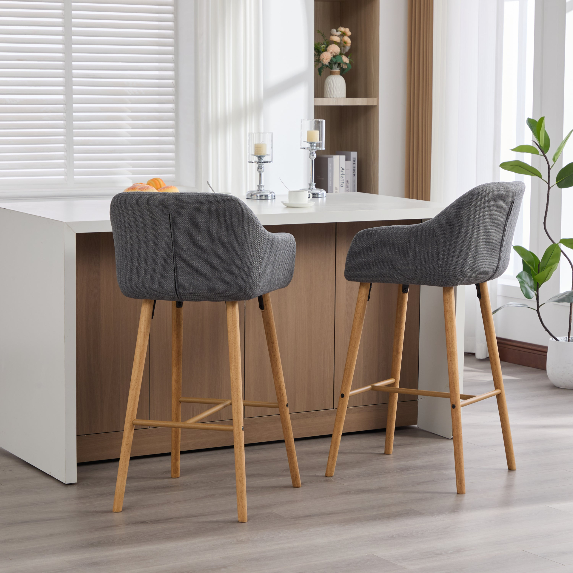 Modern linen upholstered bar stool with back, armrests, footrest, and solid wood legs by Start2Finish