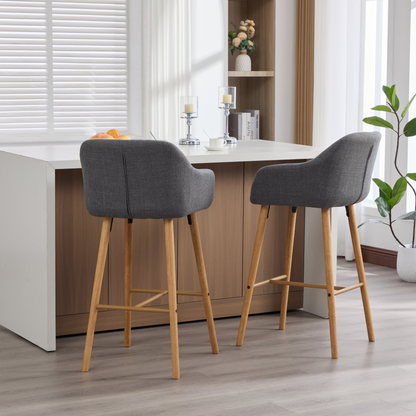Modern linen upholstered bar stool with back, armrests, footrest, and solid wood legs by Start2Finish