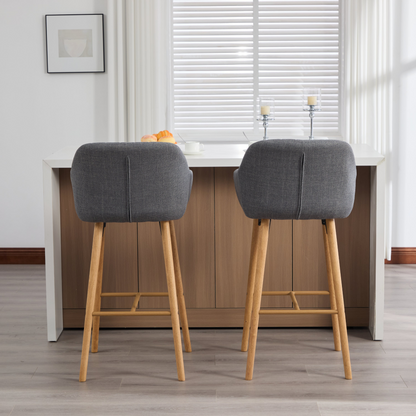 Modern linen upholstered bar stool with backrest, armrests, footrest, and solid wood legs by Start2Finish.