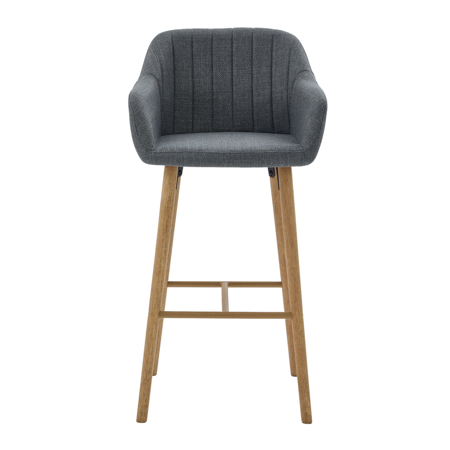 Modern linen upholstered bar stool with back, armrests, footrest, and solid wood legs by Start2Finish