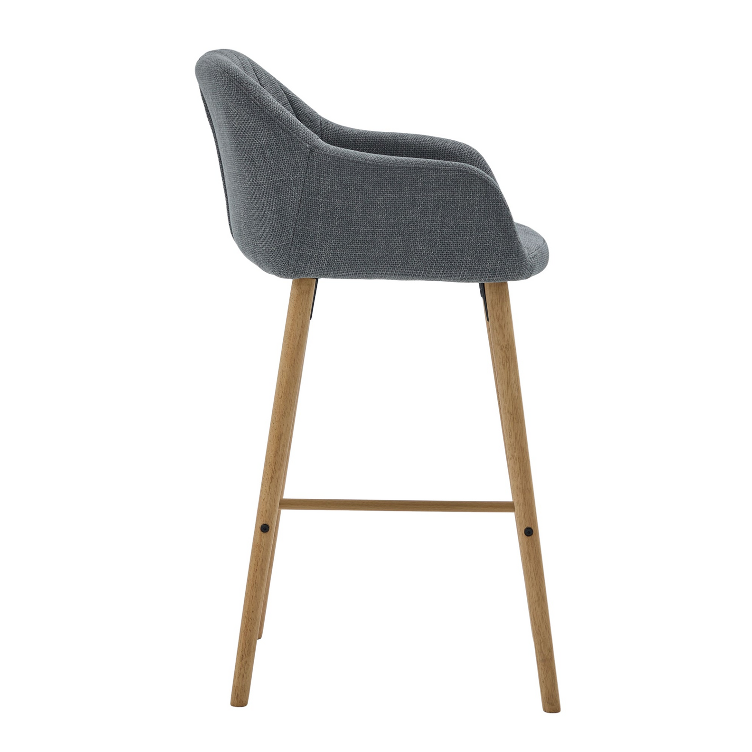 Modern linen upholstered bar stool with back, armrests, footrest, and solid wood legs by Start2Finish