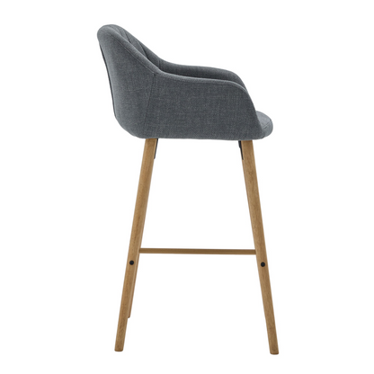 Modern linen upholstered bar stool with back, armrests, footrest, and solid wood legs by Start2Finish