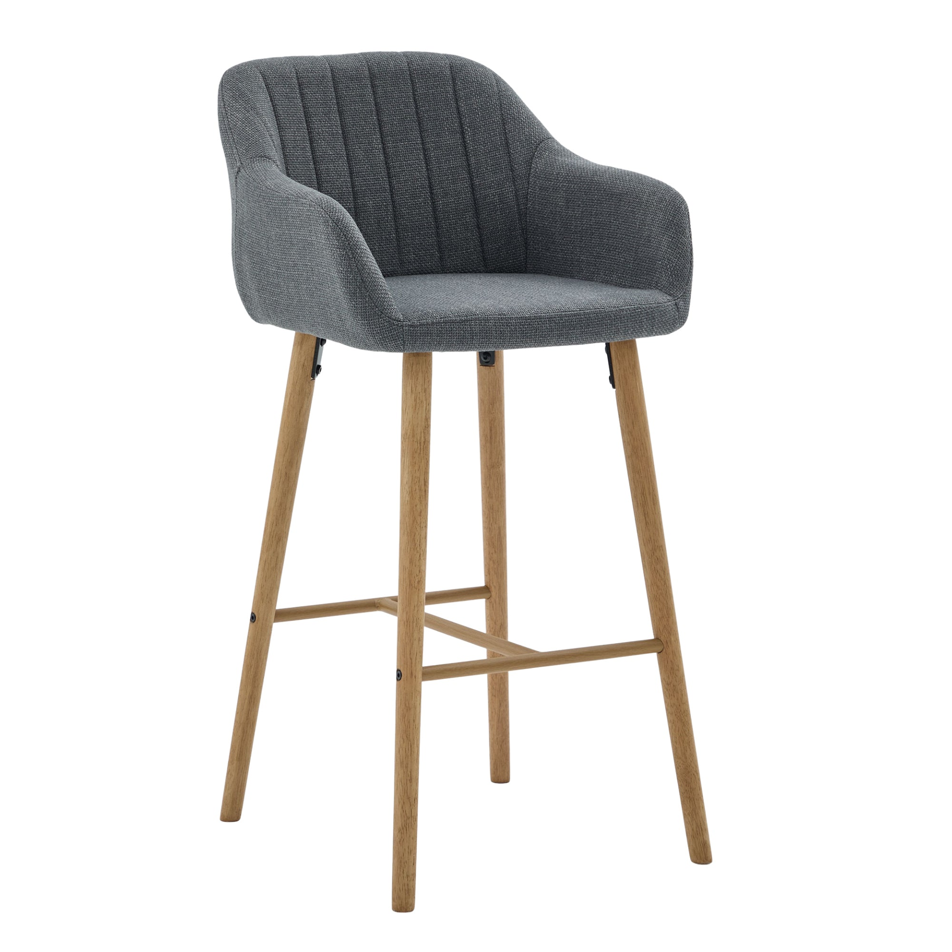 Modern linen upholstered bar stool with back, armrests, footrest, and solid wood legs from Start2Finish