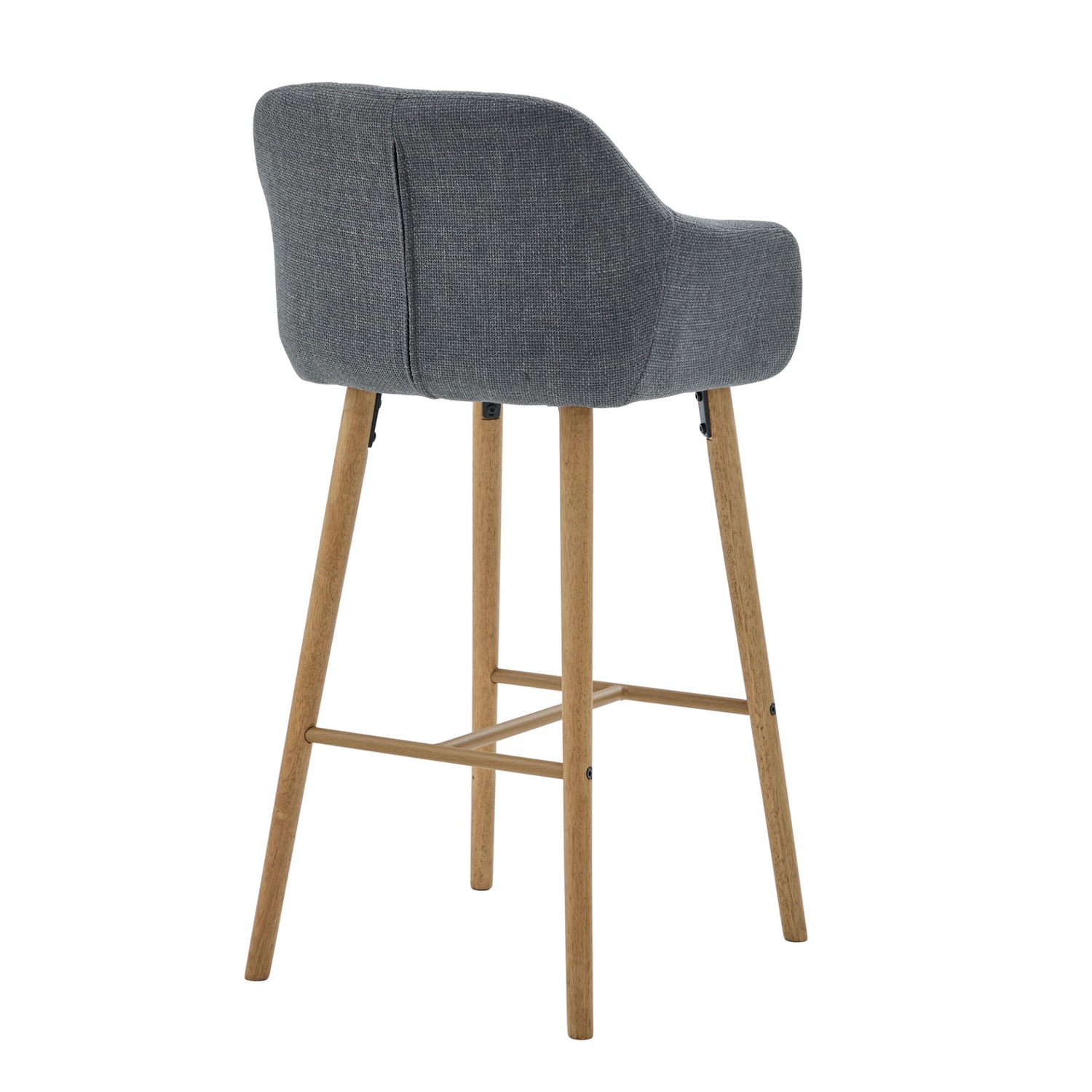 Modern linen upholstered bar stool with backrest, armrests, footrest, and solid wood legs by Start2Finish