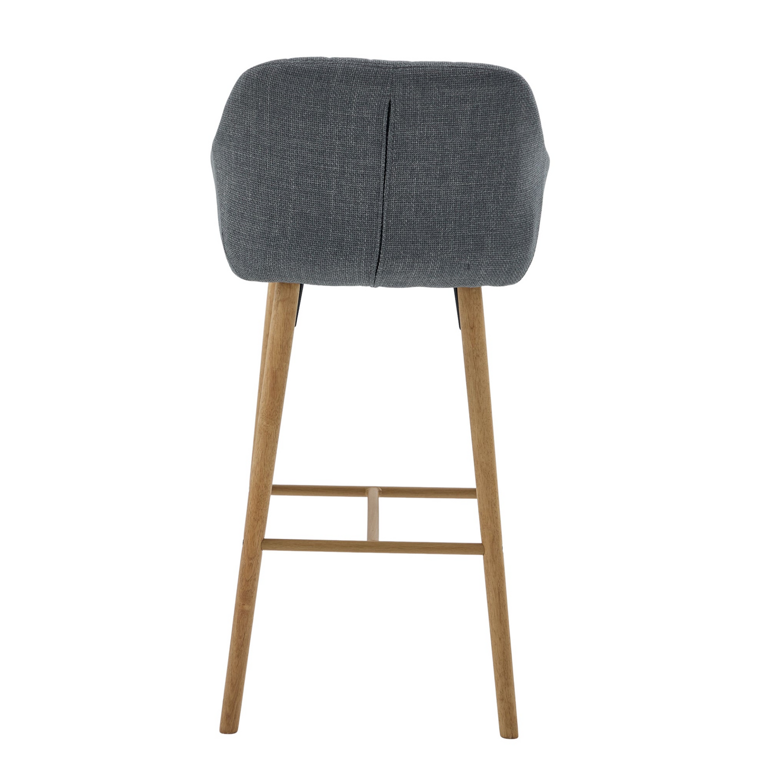 Modern linen upholstered bar stool by Start2Finish with backrest, armrests, footrest, and solid wood legs.
