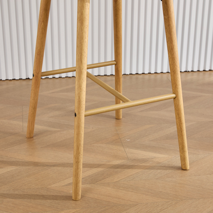 Modern linen upholstered bar stool with back, armrests, footrest, and solid wood legs from Start2Finish.