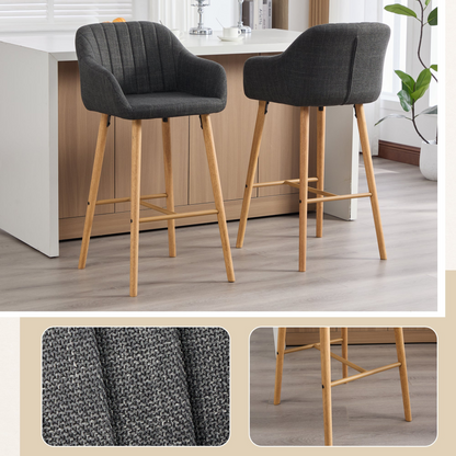 Modern linen upholstered bar stool with back, armrests, footrest, and solid wood legs from Start2Finish.