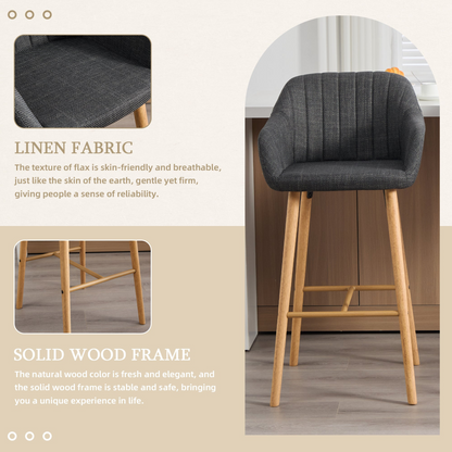 Modern linen upholstered bar stool with back, armrests, footrest, and solid wood legs by Start2Finish, shown from a side angle.