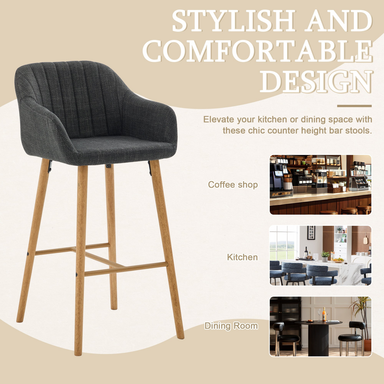 Modern linen upholstered bar stool with backrest, armrests, footrest, and solid wood legs by Start2Finish.