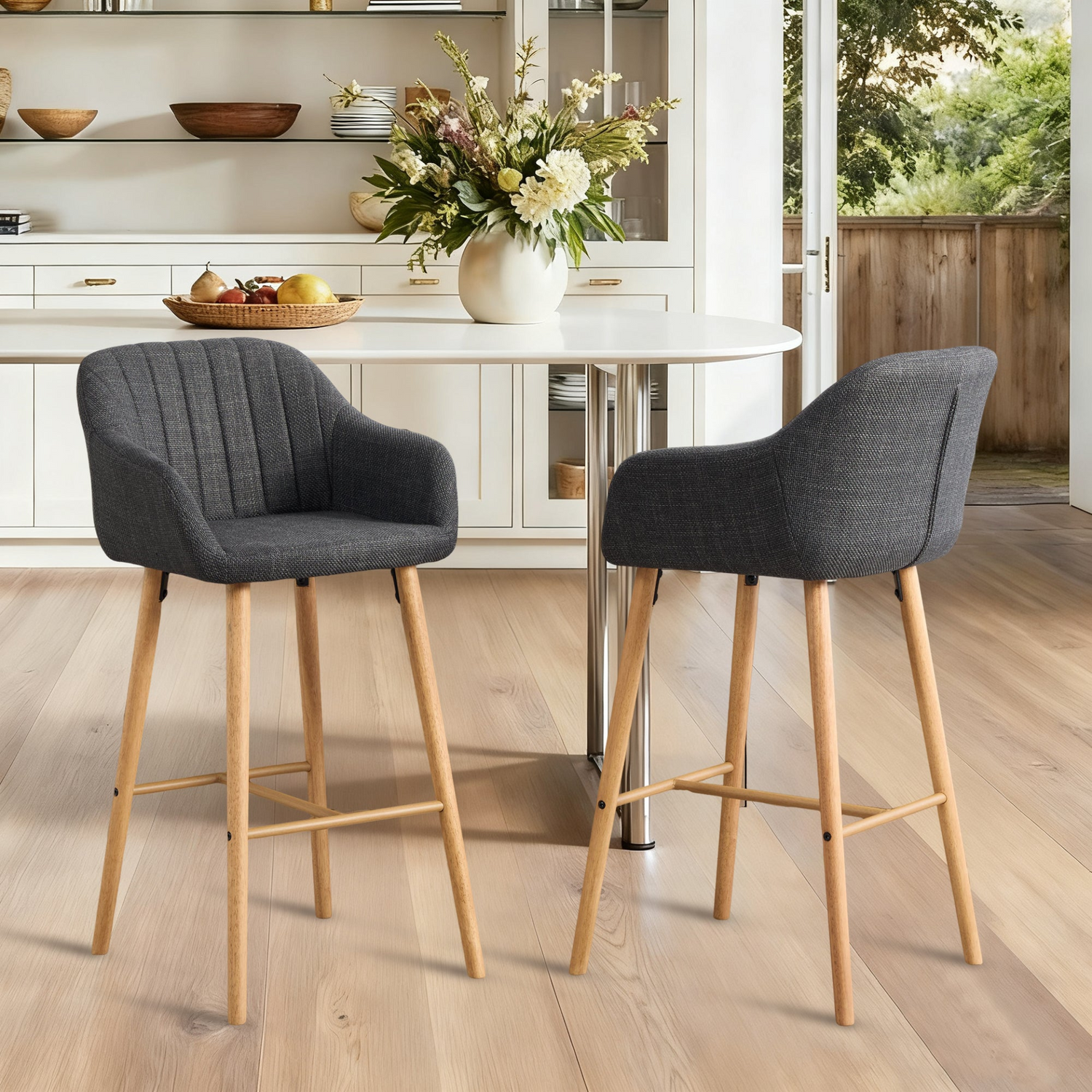 Modern linen upholstered bar stool with back, armrests, footrest, and solid wood legs by Start2Finish.