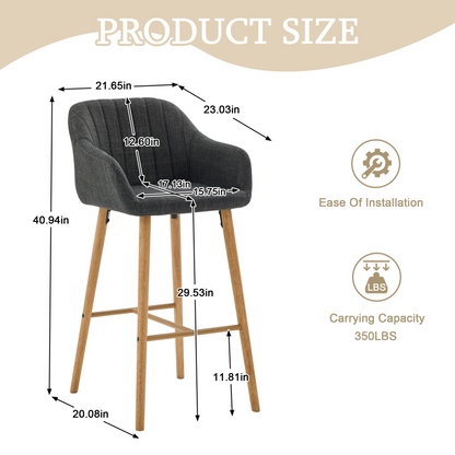 Modern linen upholstered bar stool with back, armrests, footrest, and solid wood legs from Start2Finish.