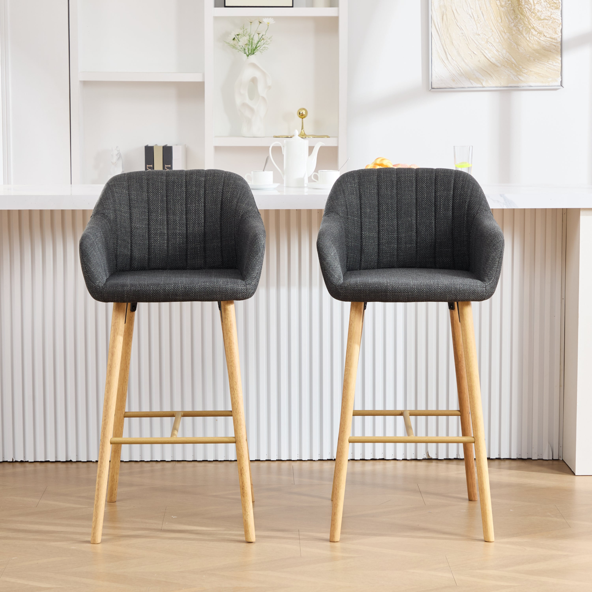 Modern linen upholstered bar stool with back, armrests, footrest, and solid wood legs by Start2Finish