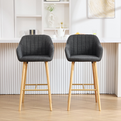 Modern linen upholstered bar stool with back, armrests, footrest, and solid wood legs by Start2Finish