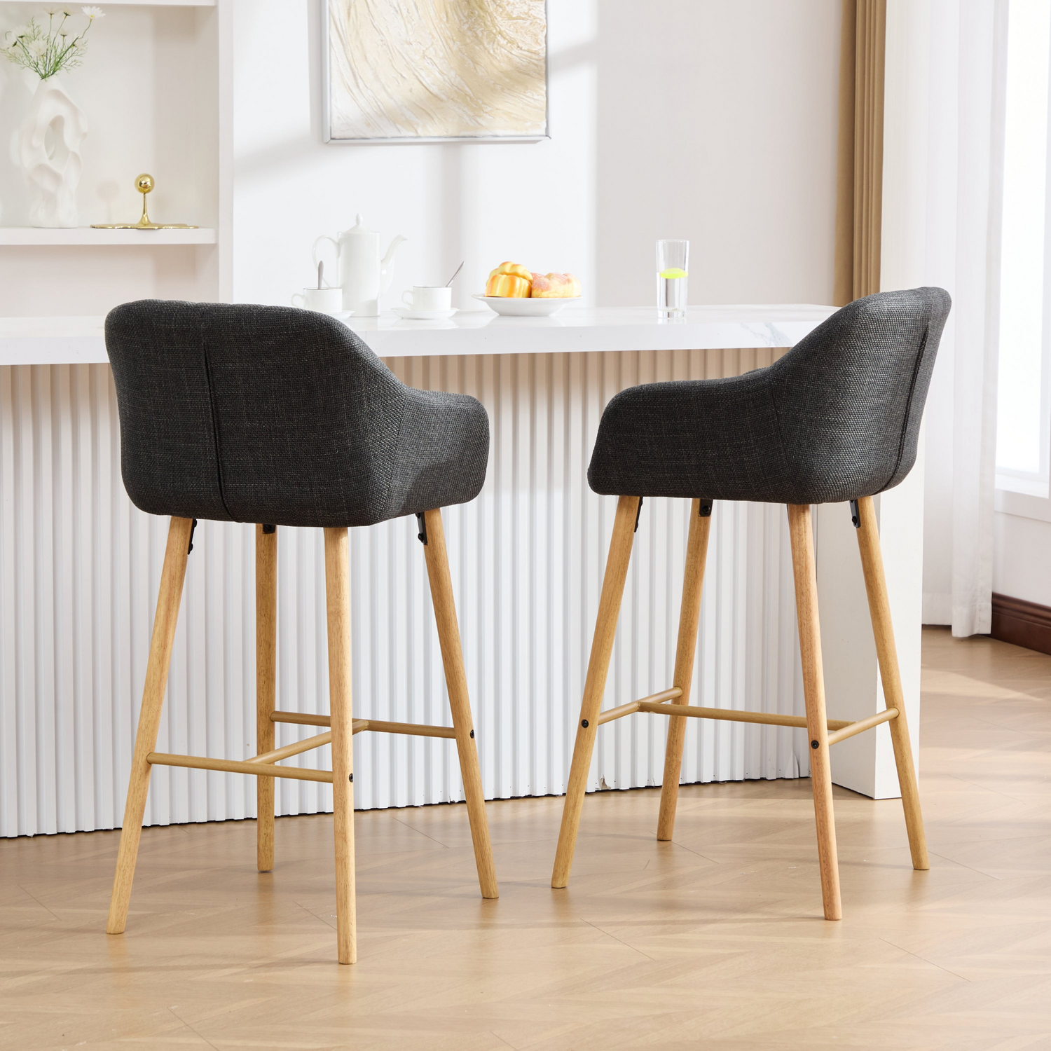 Modern linen upholstered bar stool with back, armrests, footrest, and solid wood legs by Start2Finish
