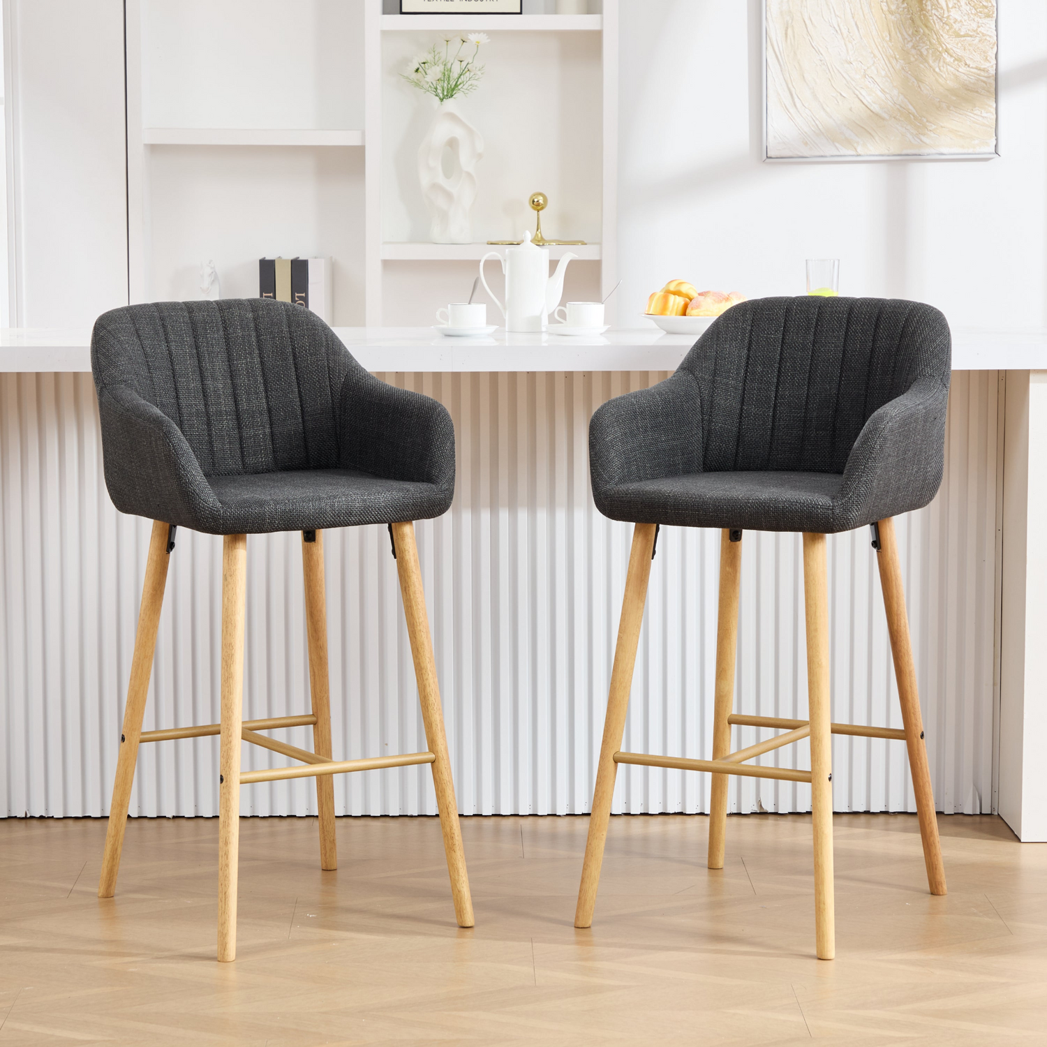 Modern linen upholstered bar stool with back, armrests, footrest, and solid wood legs by Start2Finish