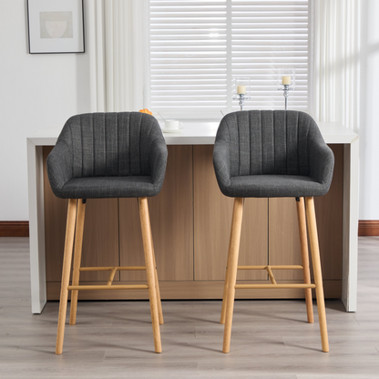 Modern linen upholstered bar stool with backrest, armrests, footrest, and solid wood legs by Start2Finish