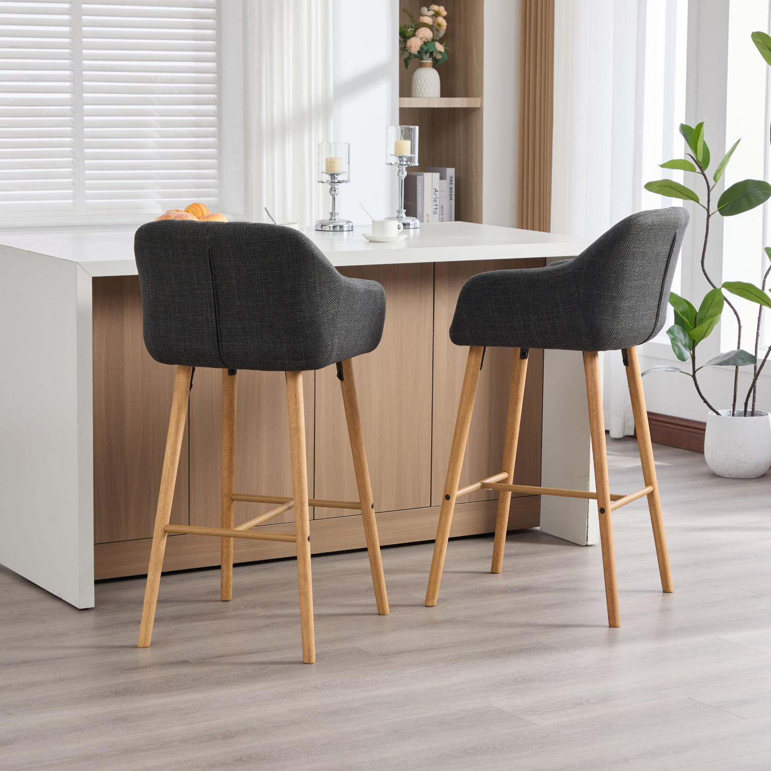 Modern linen upholstered bar stool with back, armrests, footrest, and solid wood legs by Start2Finish
