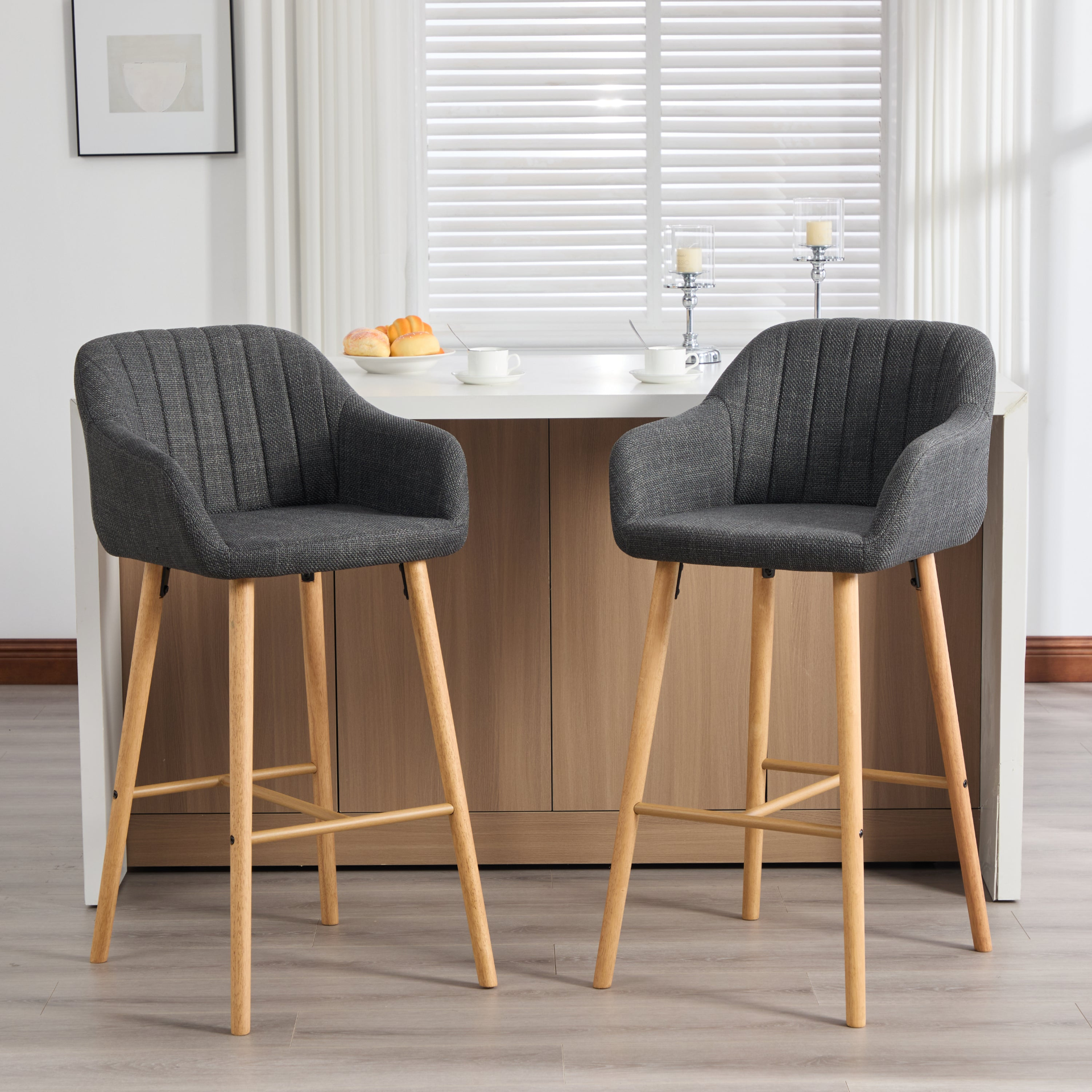 Modern linen upholstered bar stool with backrest, armrests, footrest, and solid wood legs, by Start2Finish.