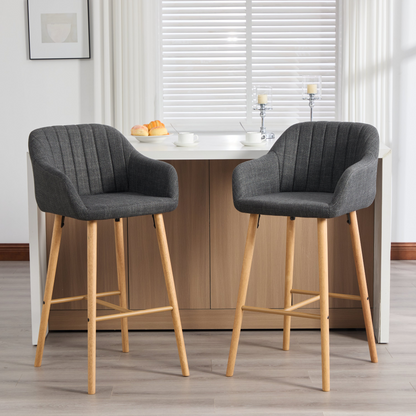 Modern linen upholstered bar stool with backrest, armrests, footrest, and solid wood legs, by Start2Finish.