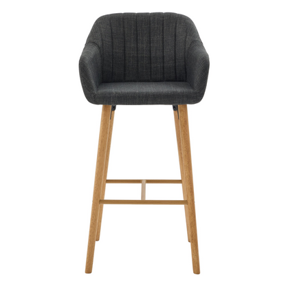 Modern linen upholstered bar stool with back, armrests, footrest, and solid wood legs by Start2Finish