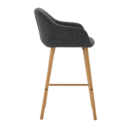 Modern linen upholstered bar stool with back, armrests, footrest, and solid wood legs from Start2Finish.