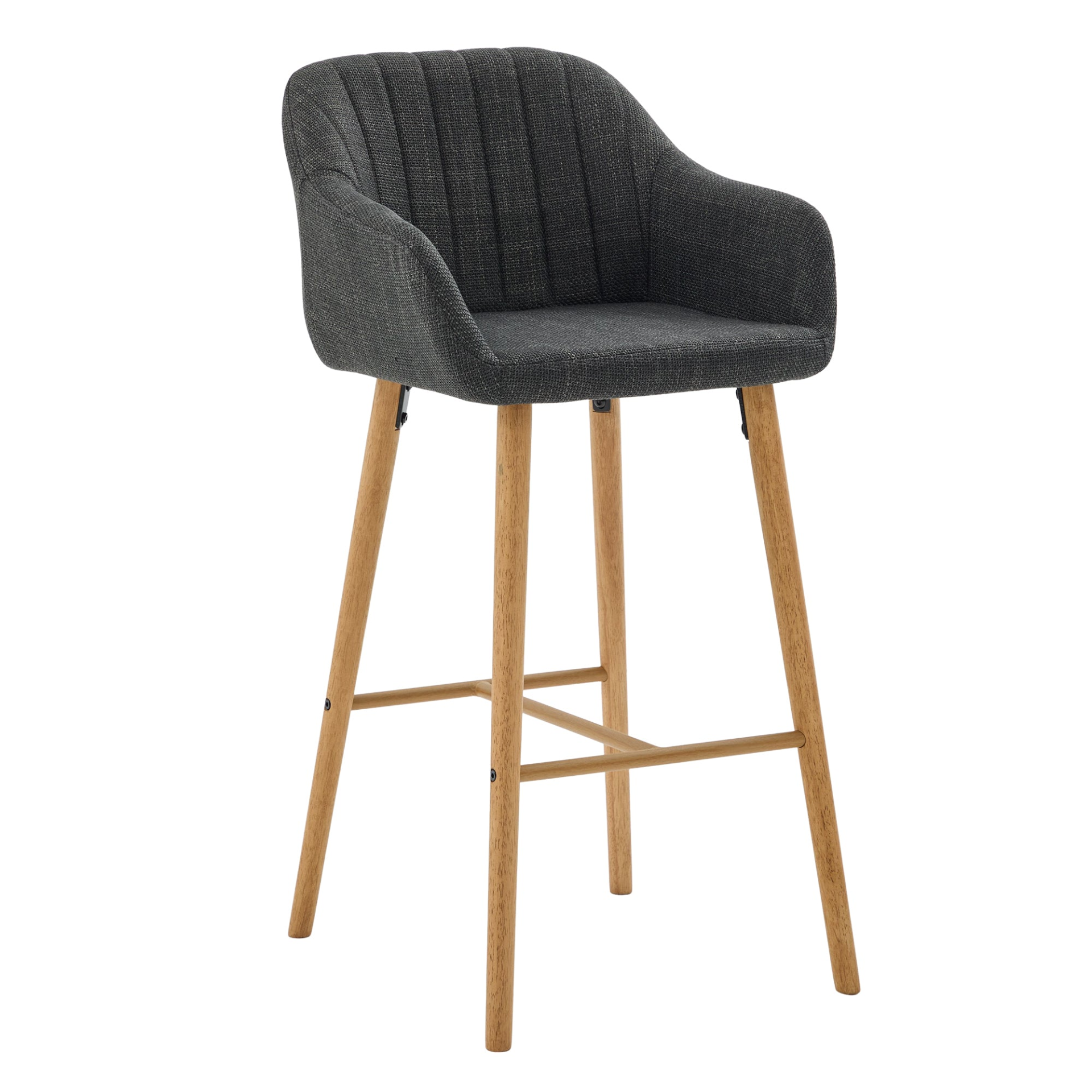 Modern linen upholstered bar stool by Start2Finish with backrest, armrests, footrest, and solid wood legs.