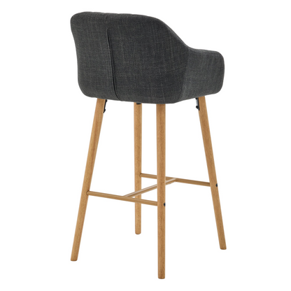 Modern linen upholstered bar stool with back, armrests, footrest, and solid wood legs by Start2Finish.