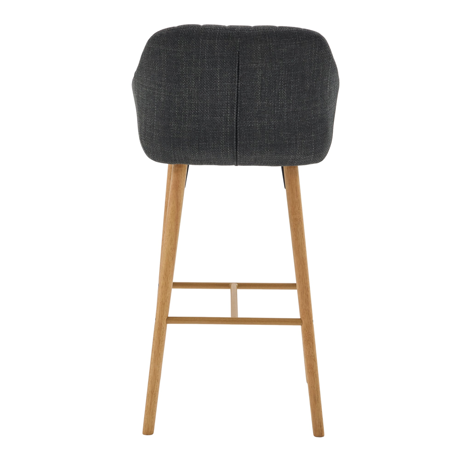 Modern linen upholstered bar stool with back, armrests, footrest, and solid wood legs from Start2Finish.