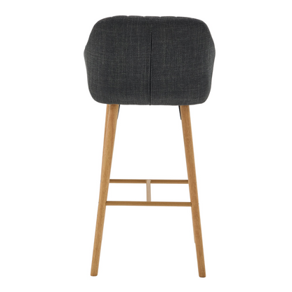 Modern linen upholstered bar stool with back, armrests, footrest, and solid wood legs from Start2Finish.