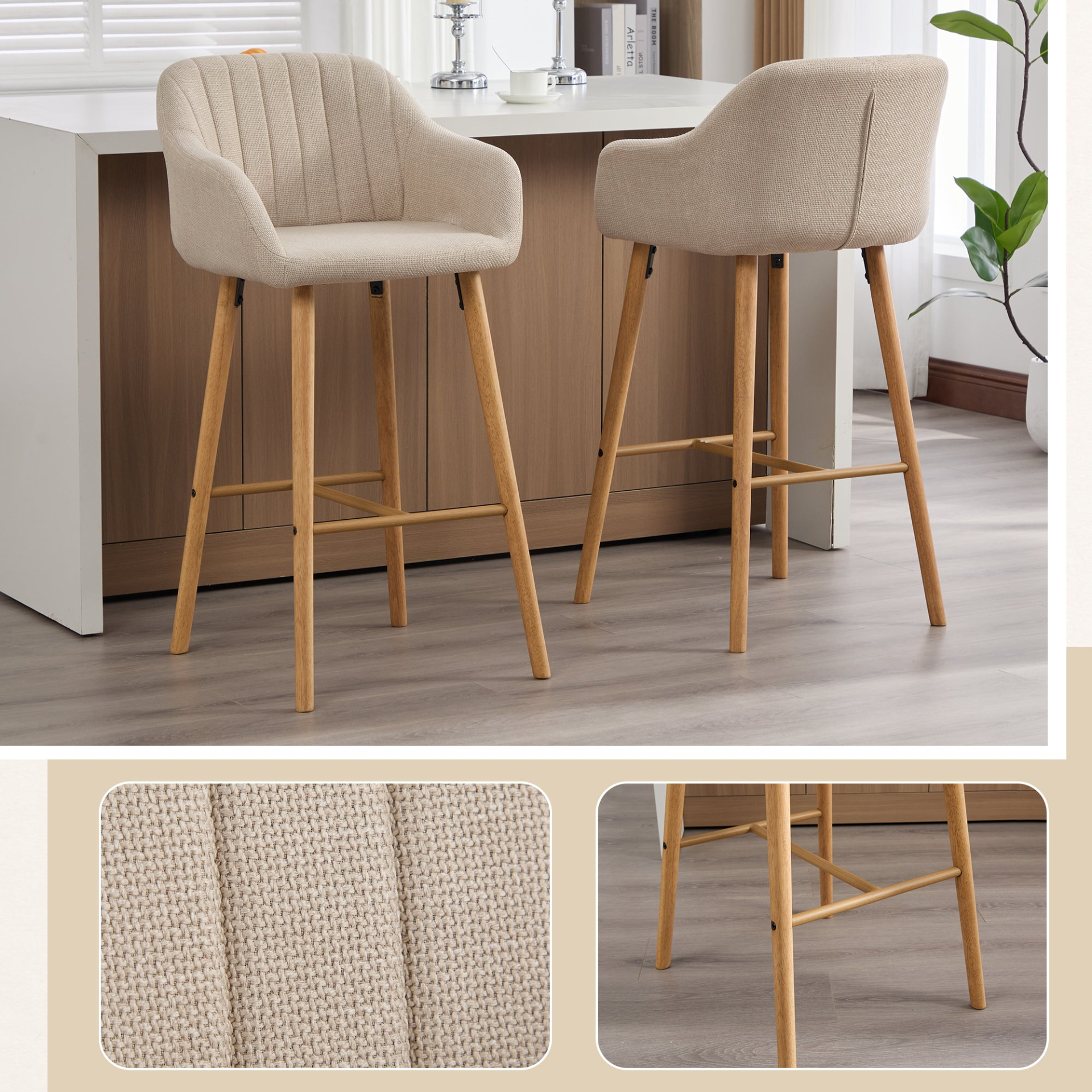 Modern linen upholstered bar stool with back, armrests, footrest, and solid wood legs from Start2Finish.