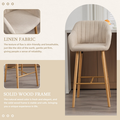 Modern linen upholstered bar stool with back, armrests, footrest, and solid wood legs by Start2Finish