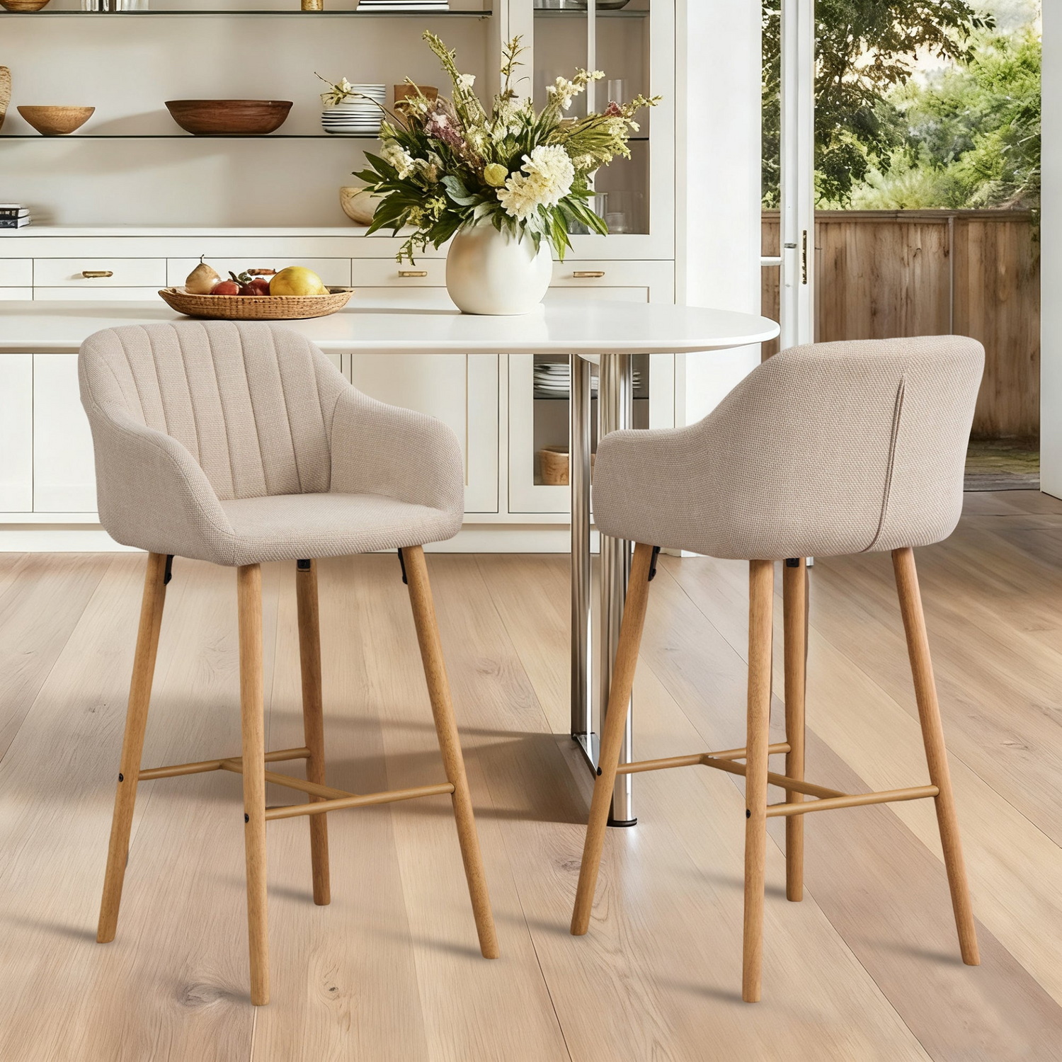 Modern linen upholstered bar stool with back, armrests, footrest, and solid wood legs by Start2Finish