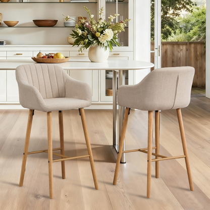 Modern linen upholstered bar stool with back, armrests, footrest, and solid wood legs by Start2Finish