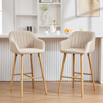 Modern linen upholstered bar stool with back, armrests, footrest, and solid wood legs by Start2Finish