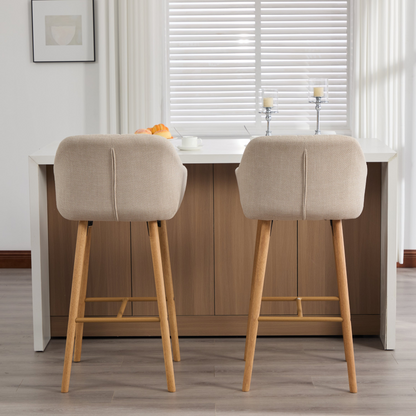 Modern linen upholstered bar stool with back, armrests, footrest, and solid wood legs by Start2Finish