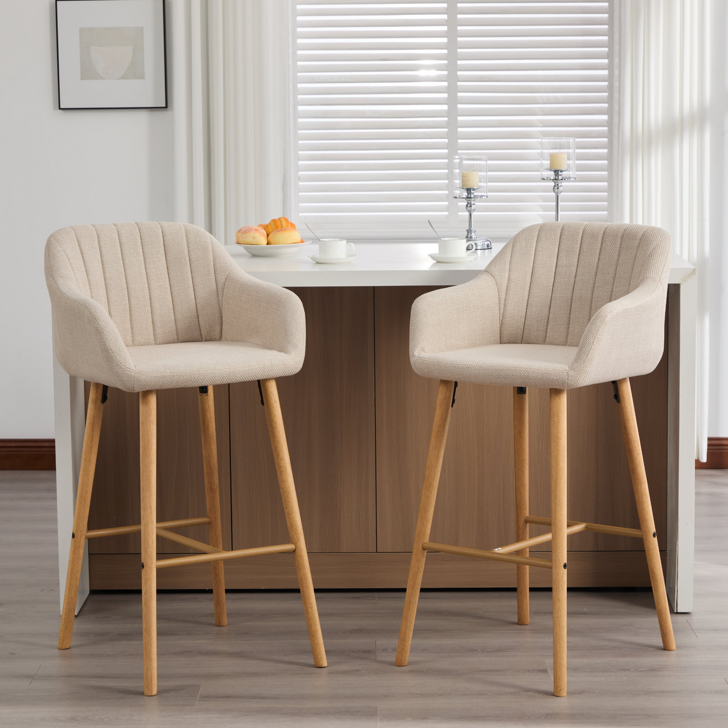 Modern linen upholstered bar stool with back, armrests, footrest, and solid wood legs by Start2Finish