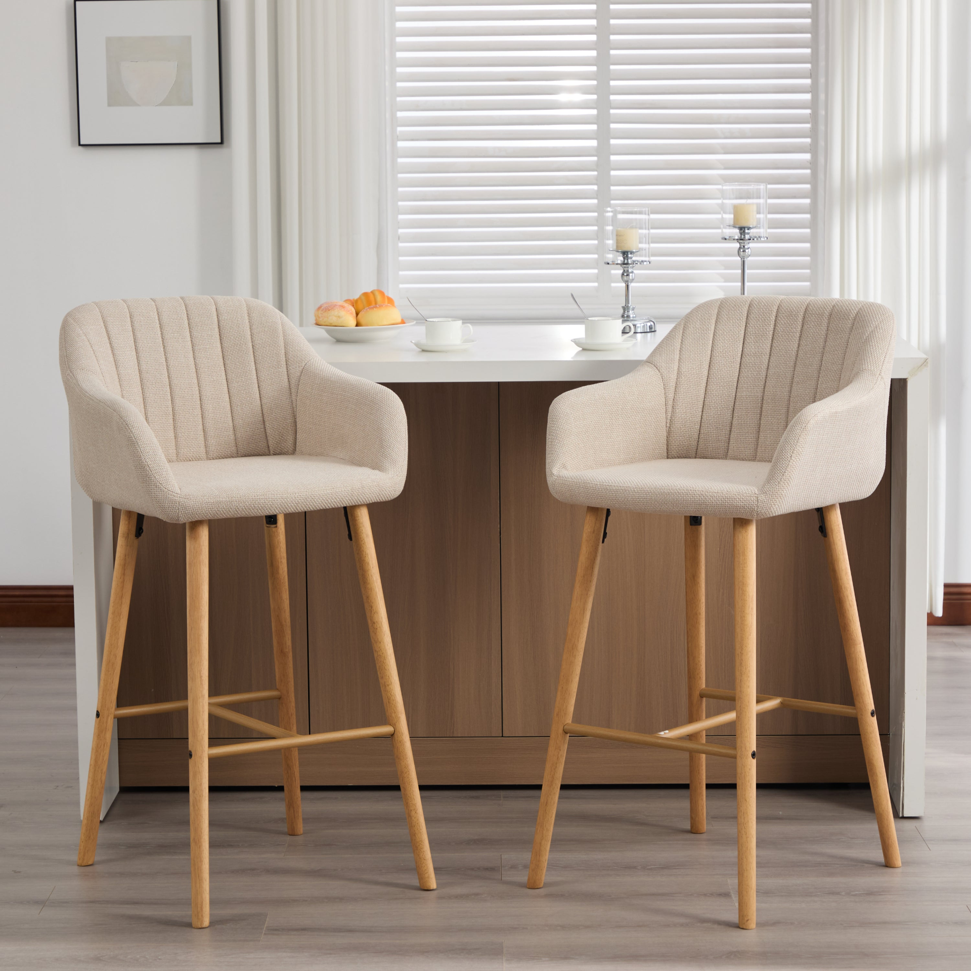 Modern linen upholstered bar stool with back, armrests, footrest, and solid wood legs by Start2Finish