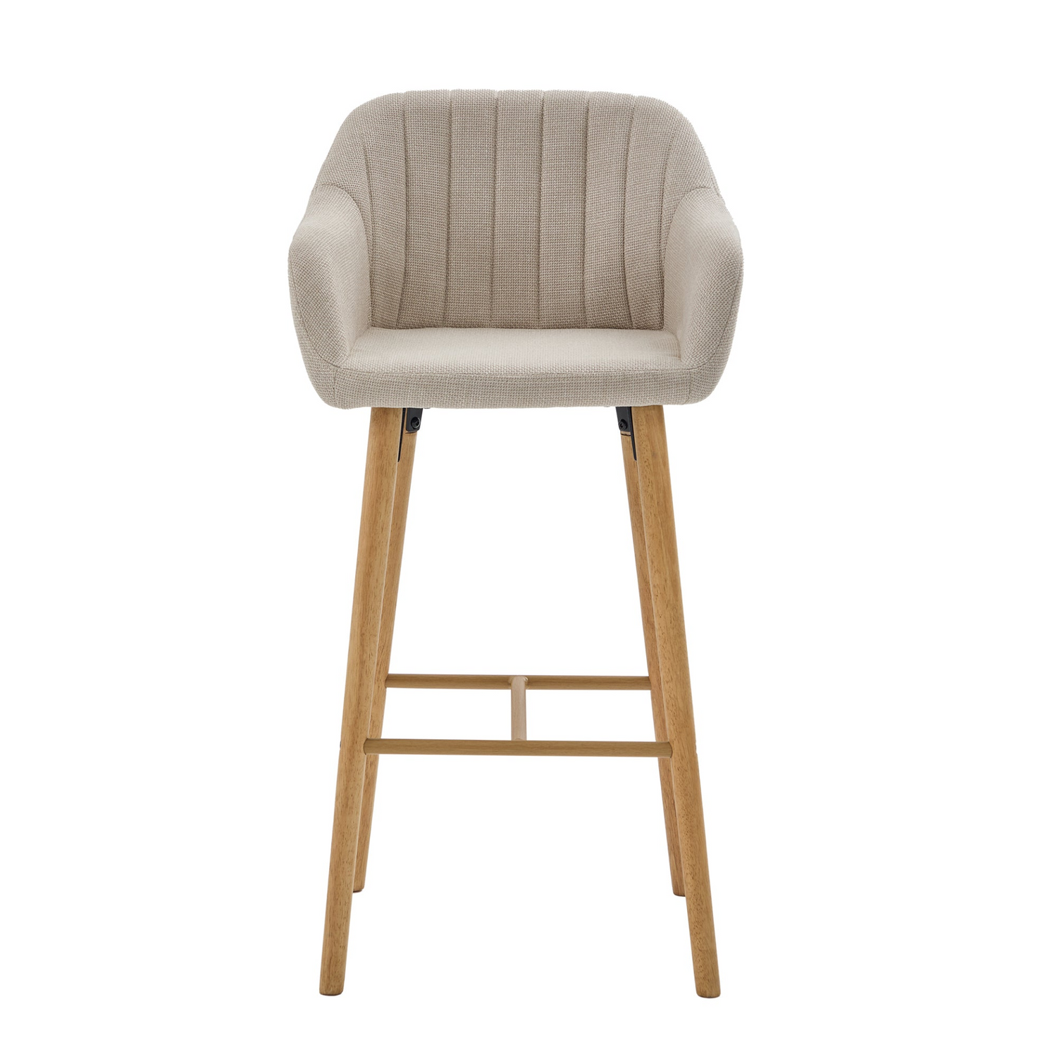Modern linen upholstered bar stool with backrest, armrests, footrest, and solid wood legs by Start2Finish